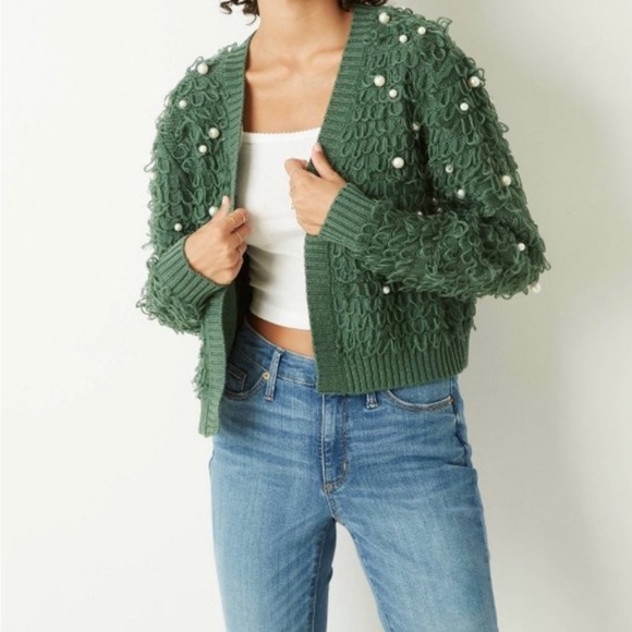Mighty Fine Sweaters - Mighty Fine Women’s Kelly Green Loops and Pearl Embellished Open Cardigan XL